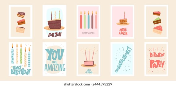 Happy Birthday greeting card with hand drawn lettering set. Vector hand drawn flat holiday illustration background