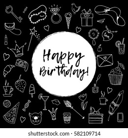 Happy birthday greeting card. Hand drawn doodle vector set with presents for girl on black background. Modern princess icons.  Isolated vector objects.