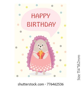 Happy birthday greeting card with a hedgehog on a yellow background. Vector illustration.