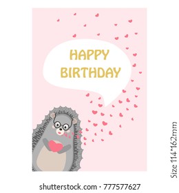 Happy birthday greeting card with a hedgehog on a yellow background. Vector illustration.