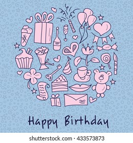 Happy birthday greeting card. Holiday objects in round shape. Invitation in vector. Cute illustration in pastel colors.