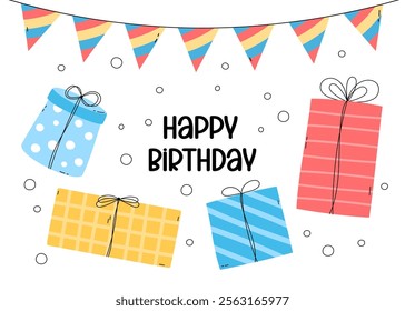 Happy Birthday greeting card horizontal. Vector illustration with text. Cute gift boxes and party flags. Funny flat colorful hand drawn kid bday card design.