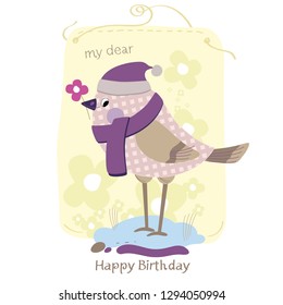 Happy birthday greeting card, image of little bird with flower on color background - Vector Graphics