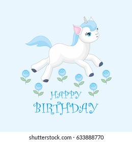 Happy birthday greeting card with the image of cute unicorn. Colorful vector illustration