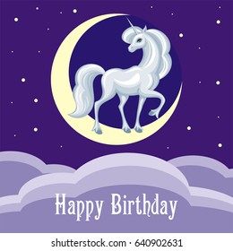 Happy birthday greeting card with the image of a beautiful fantastic unicorn. Colorful vector background.