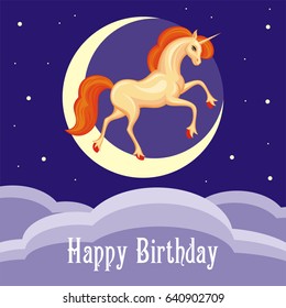 Happy birthday greeting card with the image of a beautiful fantastic unicorn. Colorful vector background.