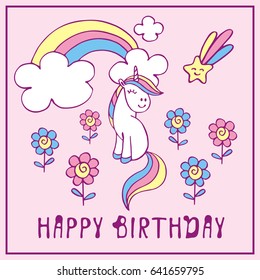 Happy birthday greeting card with the image of a beautiful fantastic unicorn. Colorful vector illustration.