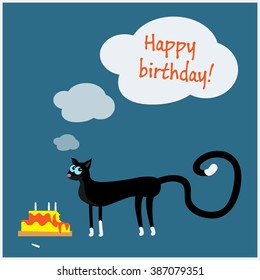 Happy Birthday greeting card with an innocent black cat and damaged cake. Flat design Vector illustration