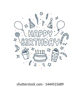 Happy Birthday greeting card. Greeting inscription, gifts, cake and other items.