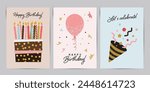 Happy Birthday greeting card and invitation templates with glitter cake, balloon, and Birthday cracker. Vector illustration in flat style