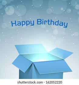 Happy Birthday, greeting card or invitation card with open shiny gift box in blue color. 