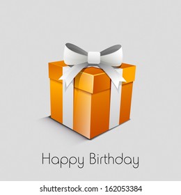 Happy Birthday, greeting card or invitation card with orange gift box wrapped in silver ribbon on grey background. 