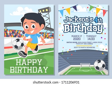 Happy birthday greeting card and invitation set vector illustration. Template decorated with football player kicking ball cartoon design. Time and place of celebration