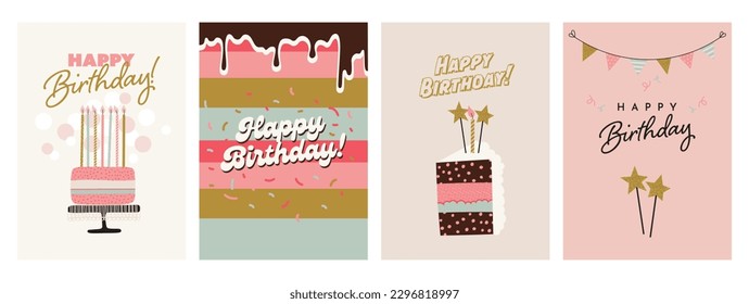 Happy Birthday greeting card and invitation templates. Vector illustration in hand-drawn simple style