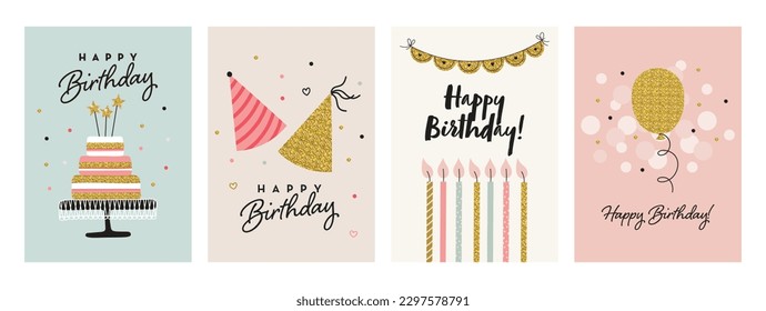 Happy Birthday greeting card and invitation templates with glitter elements. Vector illustration in hand-drawn simple style