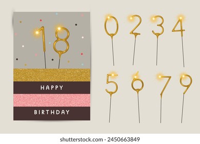 Tarjeta de felicitación de feliz cumpleaños y Plantillas de invitación con pastel de brillo y números de velas Sparkler. Ilustración vectorial creativa en estilo realista y plano