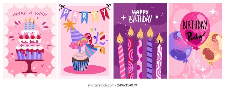 Happy Birthday greeting card and invitation templates with retro elements. Vector illustration