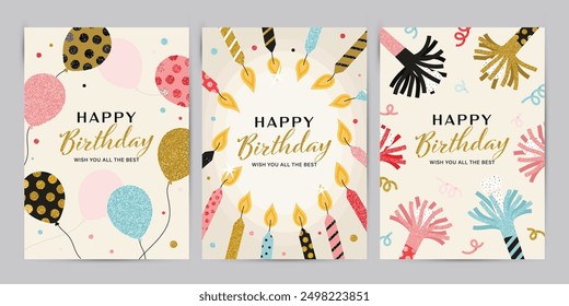 Tarjeta de felicitación del feliz cumpleaños y Plantillas de la invitación con los Elementos del brillo. Ilustración vectorial de moda