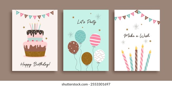 Happy Birthday greeting Card and invitation templates with glitter cake, balloon, and Birthday Candles.