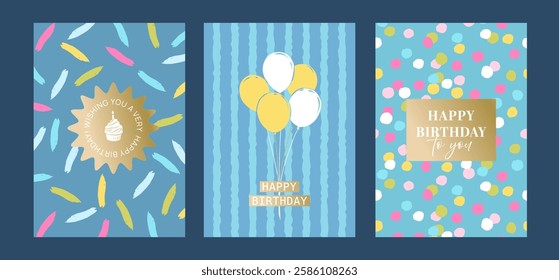 Happy Birthday greeting card and invitation templates with confetti pattern and festive elements. Vector illustration