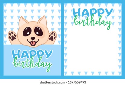 happy birthday greeting card with kawaii doodle dog, cute cartoon drawing animal, editable vector illustration for kids decoration, poster, banner