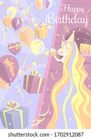 Happy birthday greeting card, kawaii unicorn with cupcake and sweet desserts, cartoon style