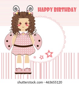 Happy Birthday greeting card. Kawaii little girl with curly hair and ladybug wings. Tender childish design, cute background with lace, pattern, stars elements. Flat vector design. Pink, peach colors