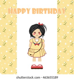 Happy Birthday greeting card. Kawaii little girl with black hair. Tender childish design, cute background with flower pattern, sparkle. Flat vector design. Yellow, orange colors
