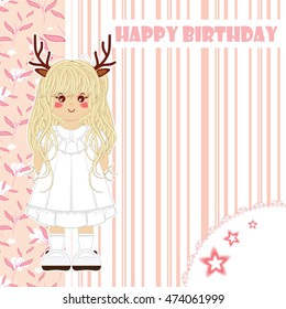 Happy Birthday greeting card. Kawaii forest deer girl with vintage lace dress. Tender childish design, cute background with line and flower pattern. Flat vector design. Peach color
