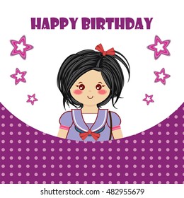 Happy Birthday greeting card. Kawaii little smiling girl. Tender childish design, cute background with polka dot pattern, stars. Flat vector design. Violet color