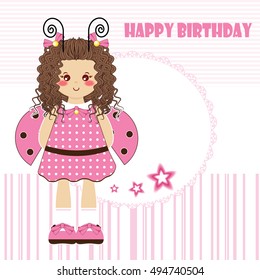 Happy Birthday greeting card. Kawaii little girl with curly hair and ladybug wings. Tender childish design, cute background with lace, pattern, stars elements. Flat vector design. Pink color