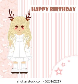 Happy Birthday greeting card. Kawaii forest deer girl with vintage lace dress. Tender childish design, cute background with line and flower pattern. Flat vector design. Brown, pink color