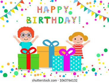 Happy Birthday Greeting card with kids, balloons and gifts. Colorful. Isolated. Vector