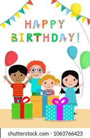 Happy Birthday Greeting card with kids, balloons and gifts. Colorful. Isolated. Vector