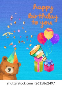 Happy birthday greeting card for kids on colourful background with watercolor design. ( original illustration, Not generated AI ).