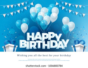 Happy Birthday greeting card lettering template with balloon, flag, confetti and gift box. Design for invitation card, banner, web, header and flyer. vector illustrator