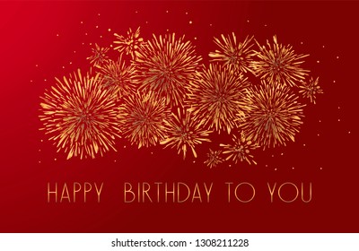 Happy Birthday  greeting card with lettering design. Golden glitter fireworks red background. 