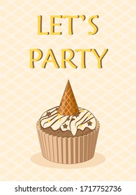 Happy Birthday greeting card with lettering phrase let s party and cake with candle Vector template design.