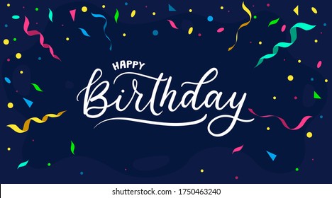 Happy birthday greeting card with lettering vector illustration. Bright confetti decor flat style. Colourful ribbons for decoration. Isolated on blue background