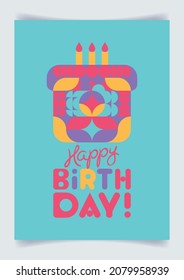 Happy birthday greeting card with lettering and cake simbol designed as geometric mosaic. Creative congratulation. Festive trendy background, poster, banner, invitation