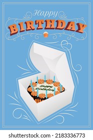 Happy Birthday greeting card with lettering. Cartoon, colorful birthday cake with candles in white gift packaging cake box on a blue background. Vector Illustration.