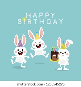 Happy Birthday greeting card with little rabbits. Cute white bunny in the party cartoon character. Animal wildlife vector set.
