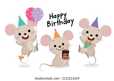 Happy birthday greeting card with little mouse and balloon party. Fairytale animal cartoon character. -Vector 