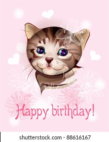 Happy birthday greeting card with  little  kitten on the pink background.  Watercolor style.