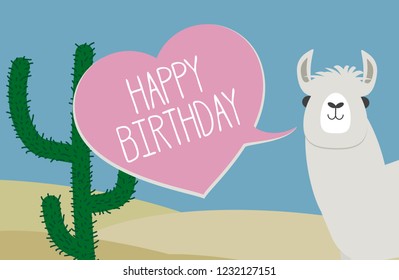 happy birthday greeting card with llama and heart shaped speech bubble vector illustration
