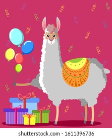 Happy birthday greeting card with llama holds balloons. Vector illustration for labels, brochure, gift card, poster or banner decoration.