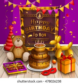 Happy birthday greeting card. Lots of presents and toys. Party hats, teddy bear, cake, dog balloon, box of chocolates, confetti, playing ball and pattern gold frame for your text on wooden floor