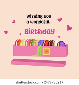 Happy Birthday greeting card with macaroons, hearts. Handwritren letterin. Birthday party. Vector illustration