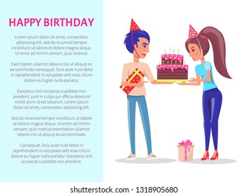 Happy Birthday greeting card, male with gift box and female with festive cake. Vector cartoon people celebrate Bday party, leaflet with text sample
