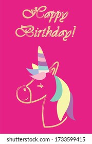 Happy birthday greeting card mockup with unicorn on pink background.